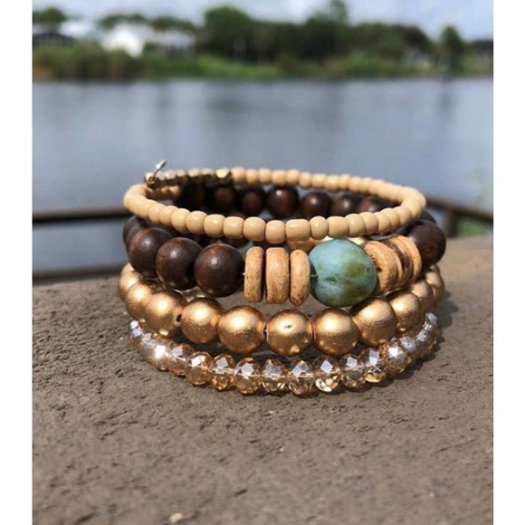 Hand Crafted Jewelry - NWT Boho wrap bracelet artisan recycled glass sandalwood Czech glass stack